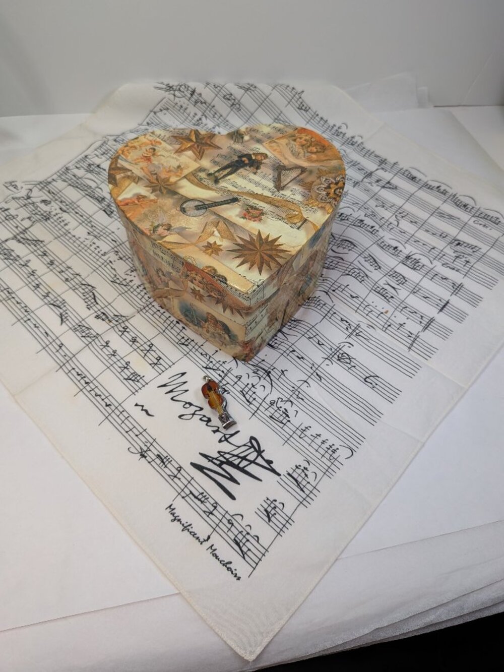 Vintage Music Lover Gift Bundle Heart Keepsake Box Mozart Bandana Violin Clipper
